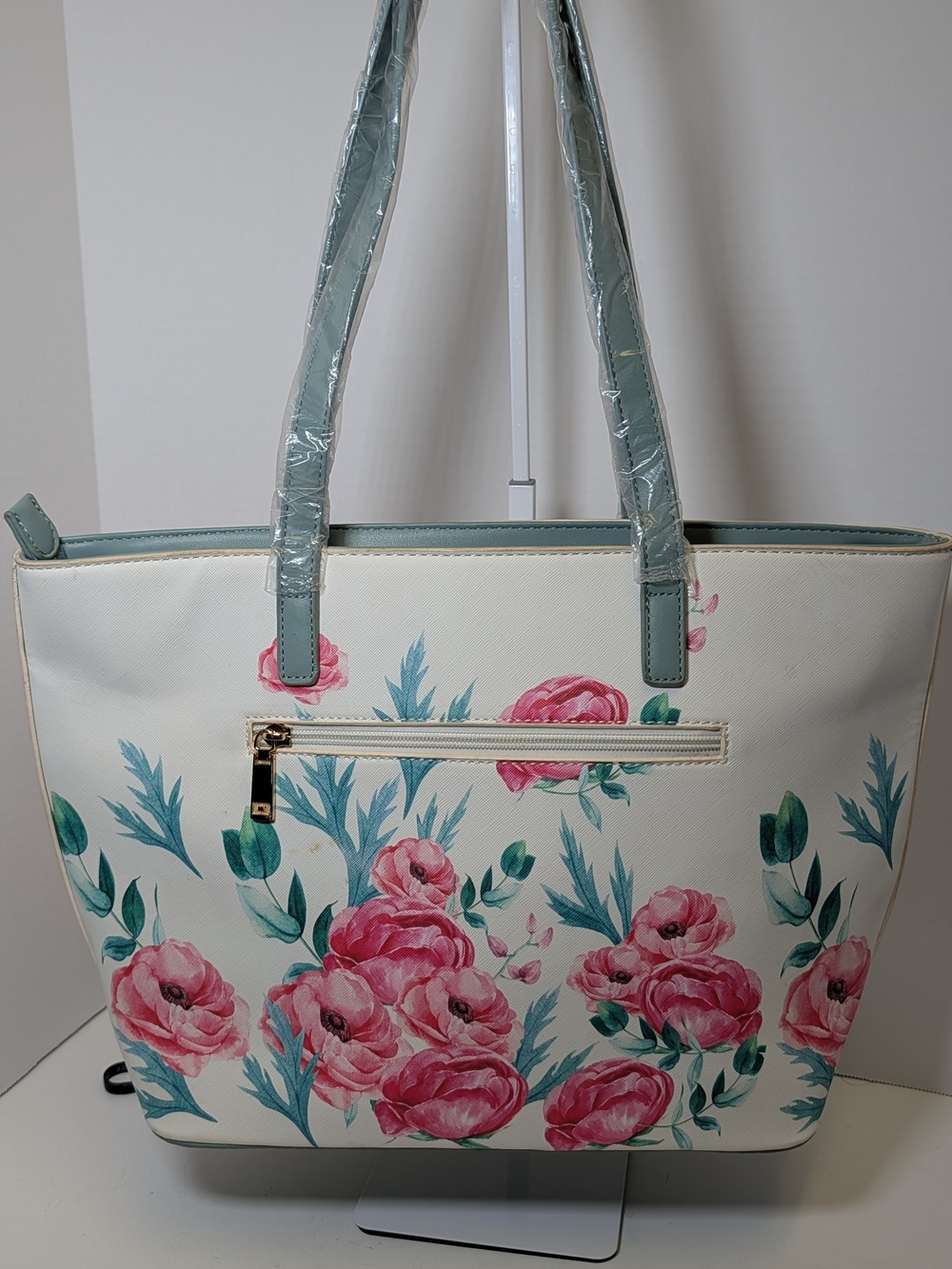 Floral Cream Tote with Pink Rose Print and Sage Handles